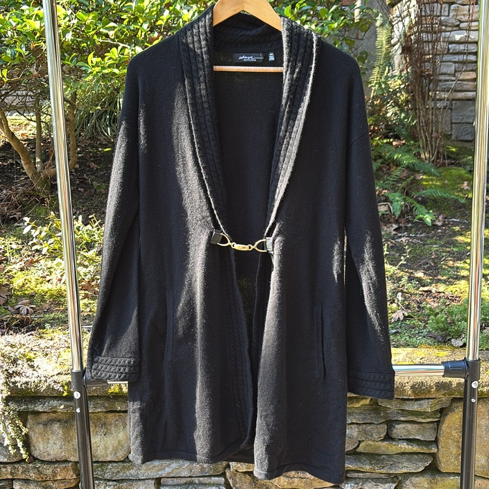 Saks Fifth Avenue Black Open-Front Cardigan with Gold-Tone Horsebit Closure